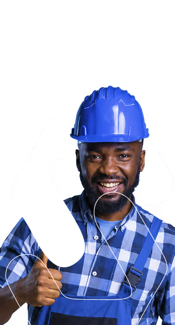 Smiling construction worker in blue helmet and plaid shirt giving thumbs up.